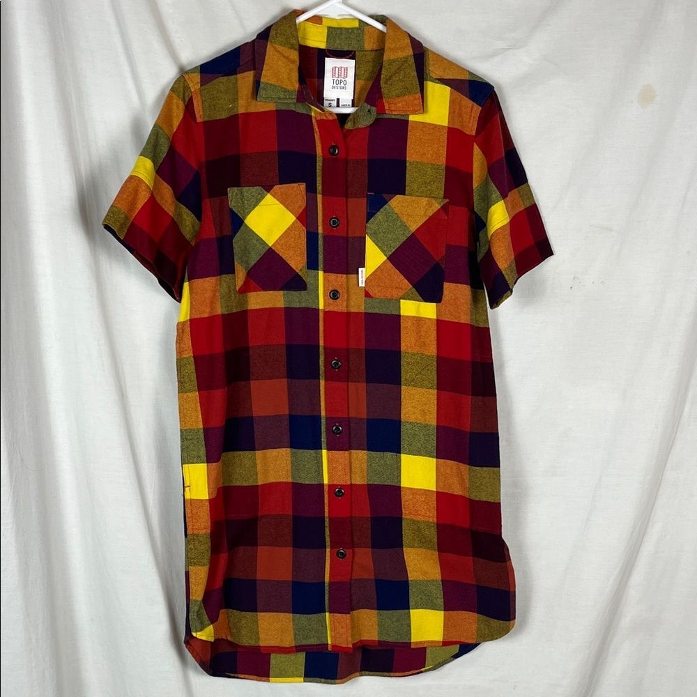 Topo Designs Red and Orange Plaid Button Up Shirt Dress